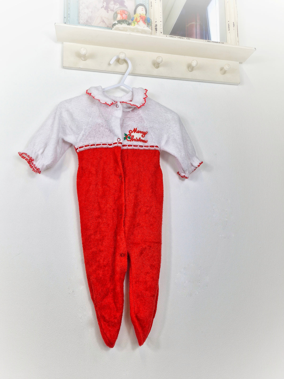 0-3 months. Red and white vintage babygrow with scalloped collar and "Merry Christmas"