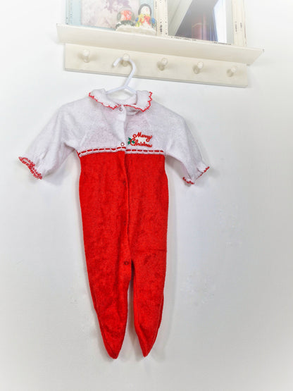 0-3 months. Red and white vintage babygrow with scalloped collar and "Merry Christmas"