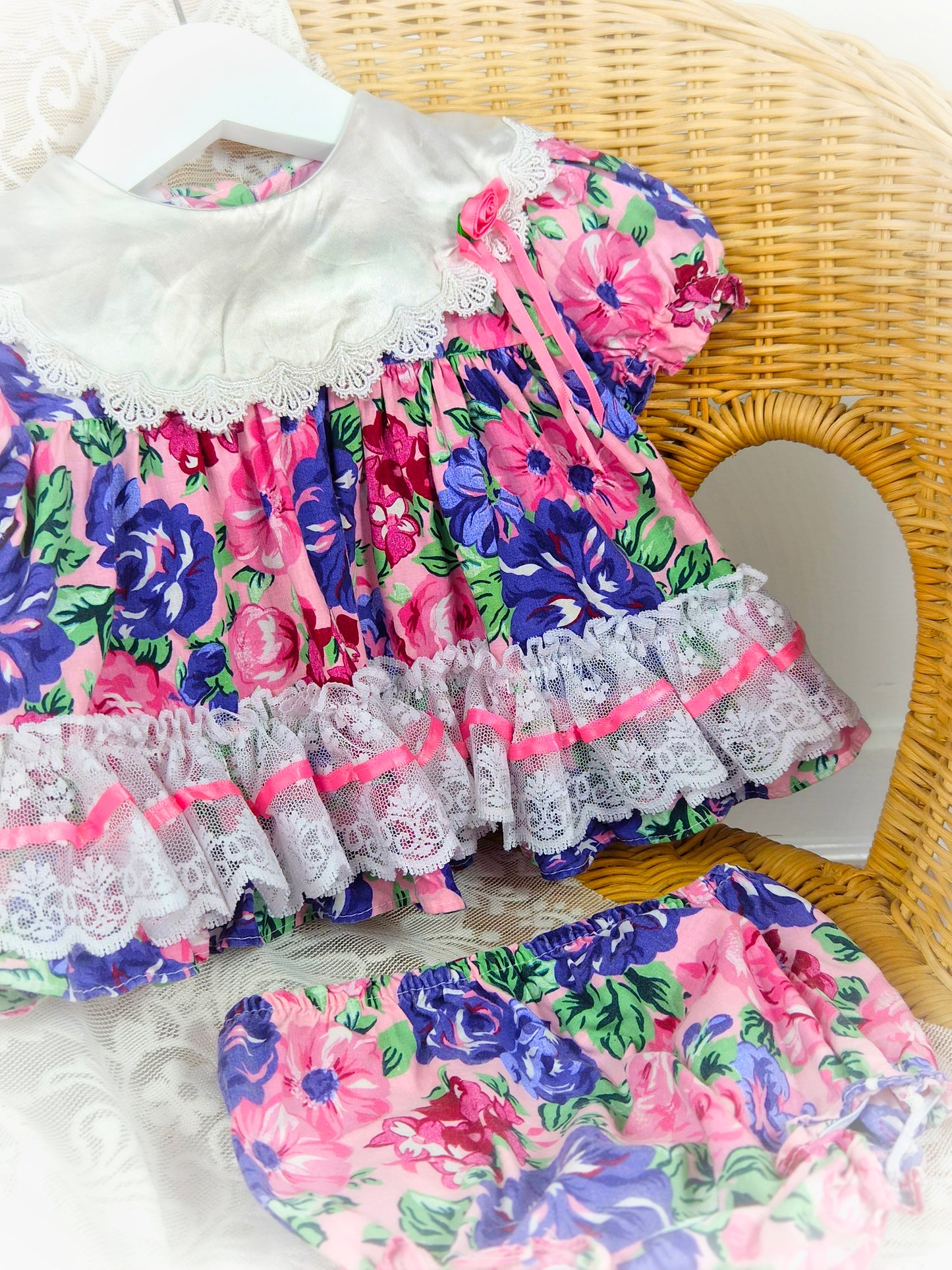3-6 months. Vintage Allison Ann two-piece set. Floral dress and matching bloomers with white lace and pink ribbon