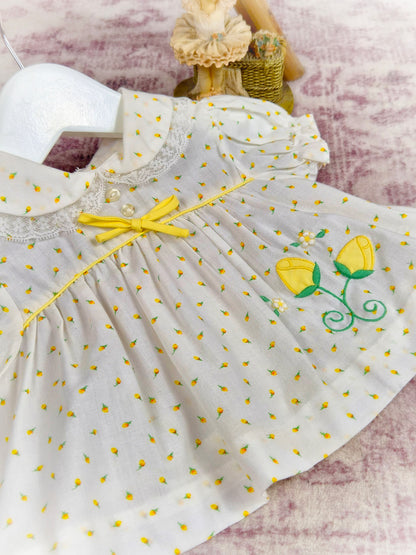 0-3 months. Vintage dress with lemon floral print, yellow ribbon and embroidered flowers