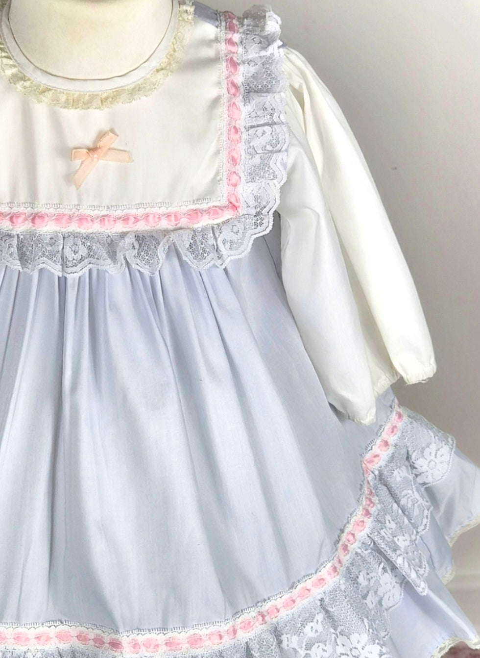 3 years. Grey and white vintage Alexis dress with pink ribbon trim and white lace details