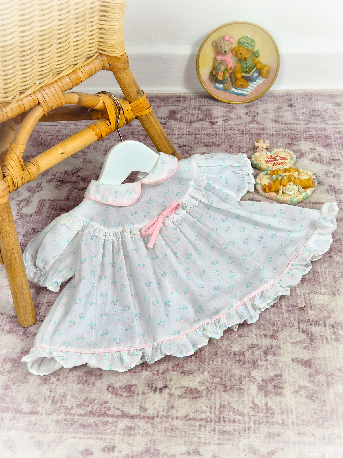 3-6 months. White vintage dress with floral print and eyelet lace trim