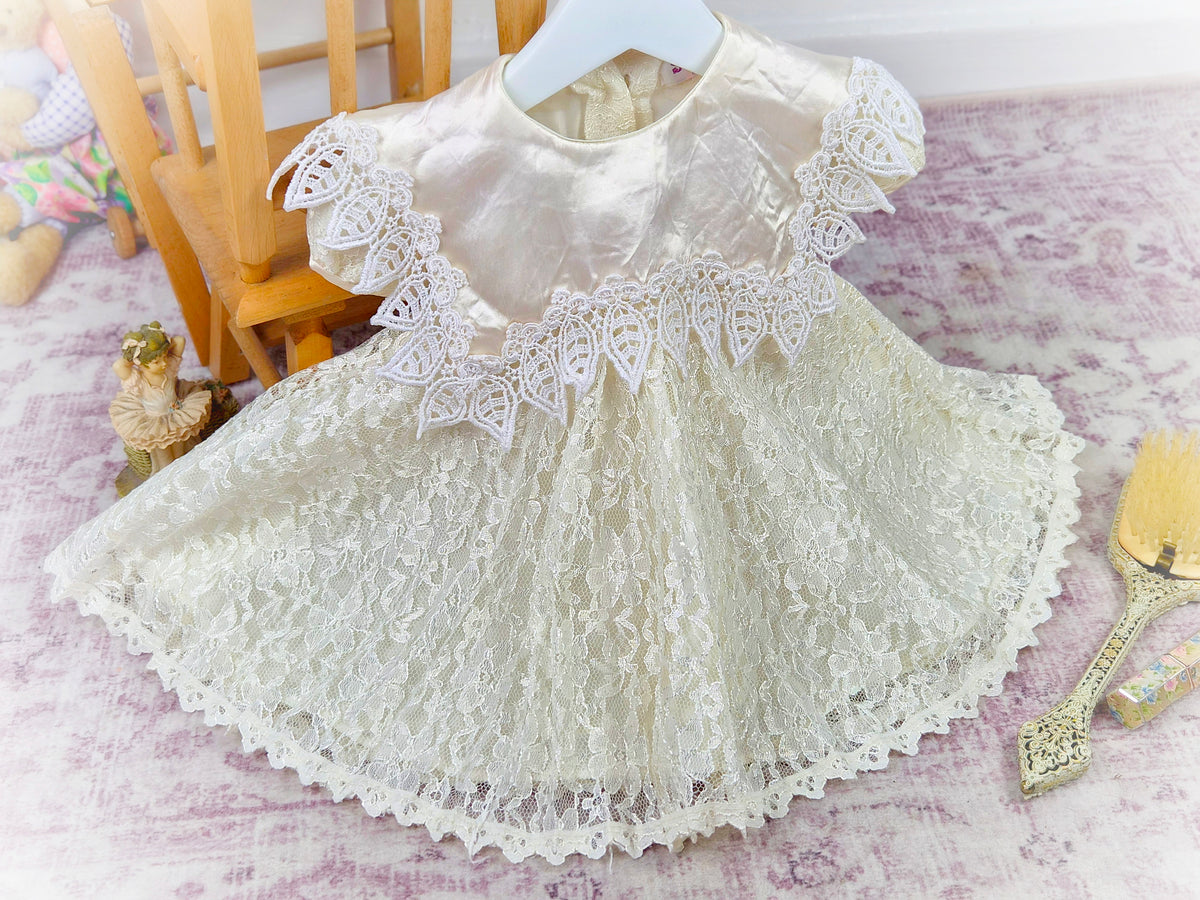 18-24 months. Cream lace and satin bib vintage dress
