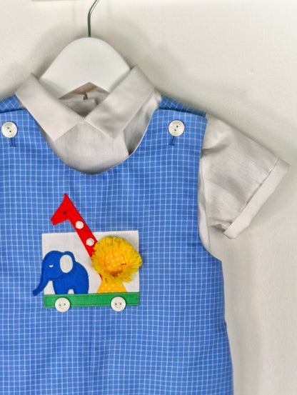 18-24 months. Blue vintage short romper with animals. White, collared shirt included
