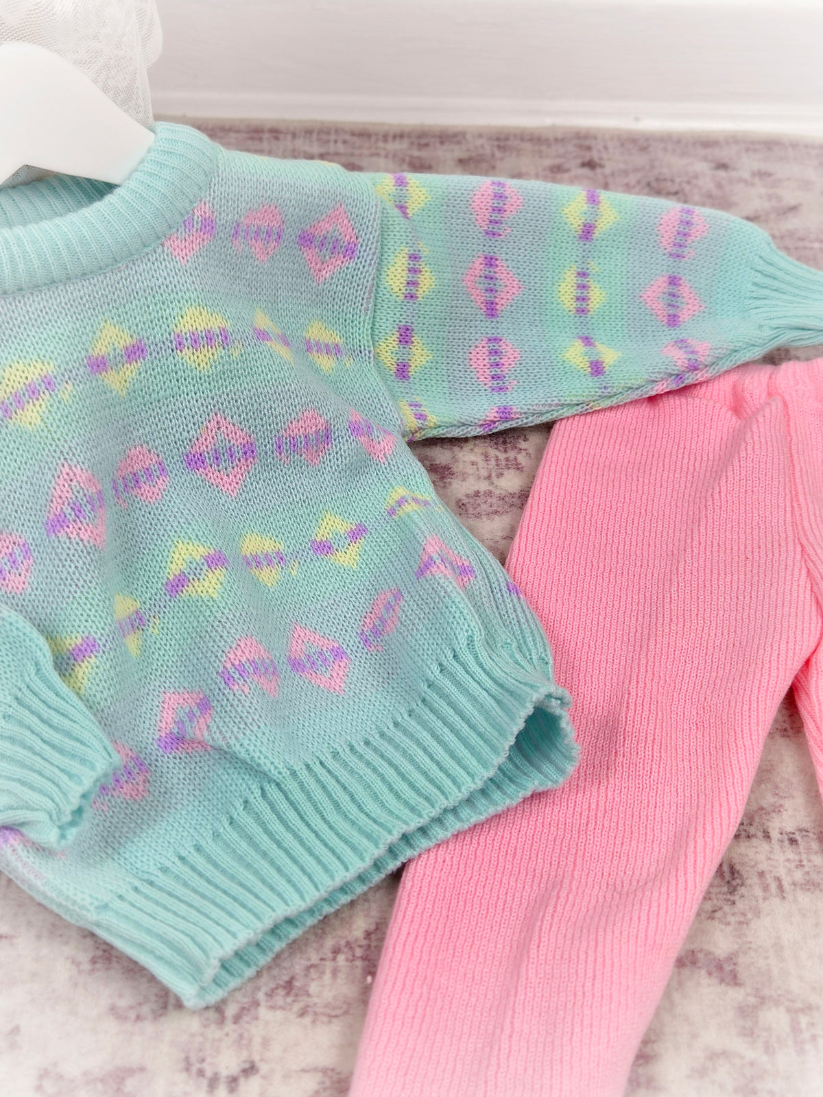 3 years. Pink and mint vintage knit set