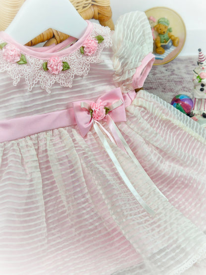 9-12 months. Pink striped vintage taffeta dress with lace collar, pink flowers and belt.