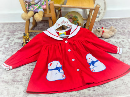 18-24 months. Red vintage dress by Sugar Baby with white collar and teddy bears