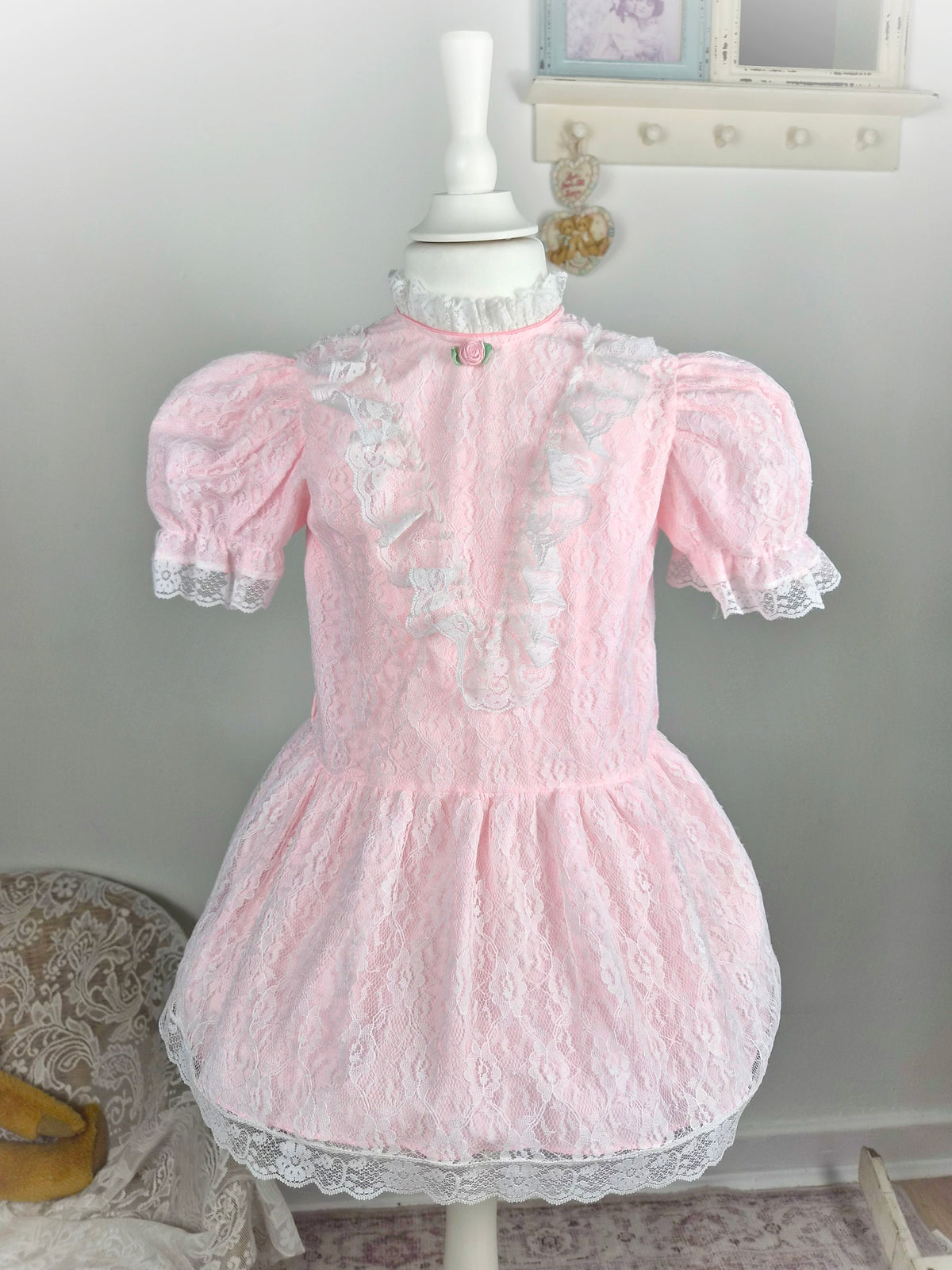 3-4 years. Pink vintage Cradle Togs with white lace overlay, puff sleeves and ruffles