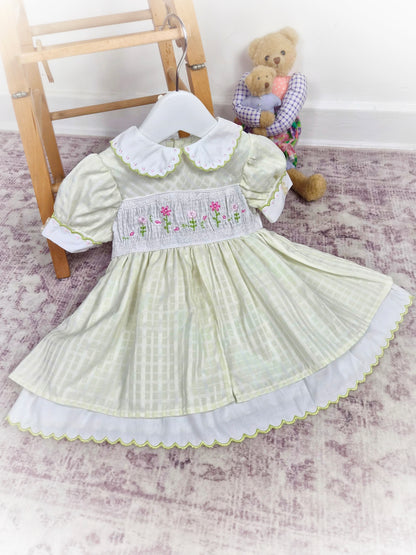 9-12 months. Lime green and white checked vintage smock dress by BT Kids with embroidered flowers