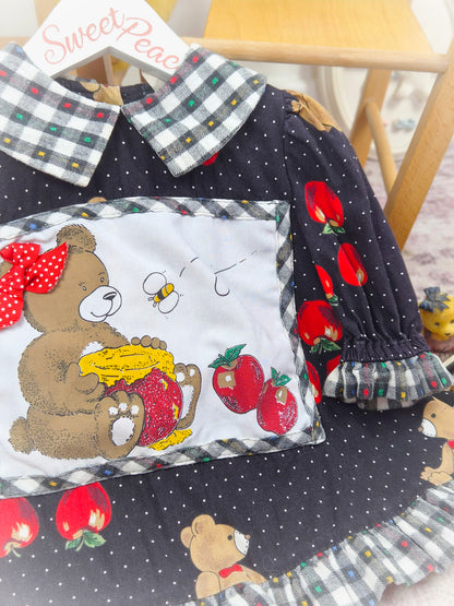 2-3 years. Black vintage top with gingham collar and hem, polka dots, apple print and a teddy bear patch