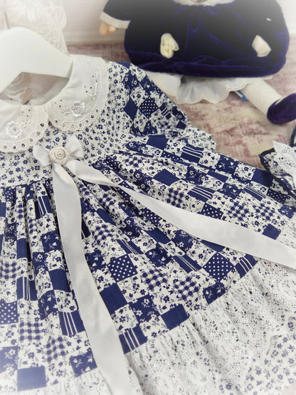 2 years. Navy and white vintage dress with eyelet collar and hem and matching hat
