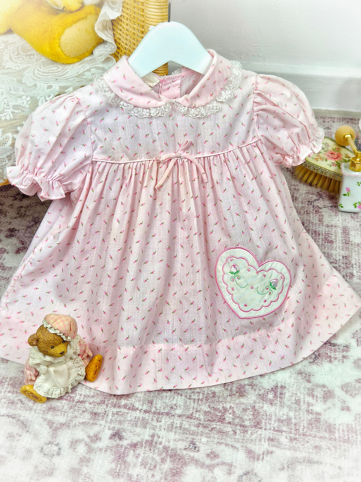 12 months. Pink vintage dress with tiny flowers and heart applique