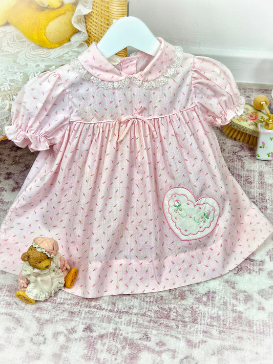 12 months. Pink vintage dress with tiny flowers and heart applique