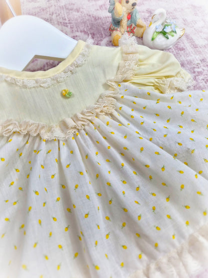 0-6 months. White and lemon vintage dress with dainty floral print. Small fault*