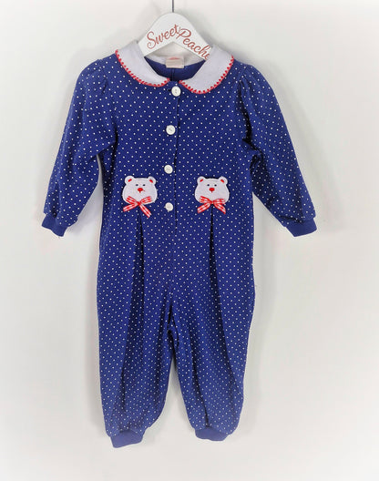 2 years. Navy vintage Buster Brown romper with white polka dots, collar and bears with red details