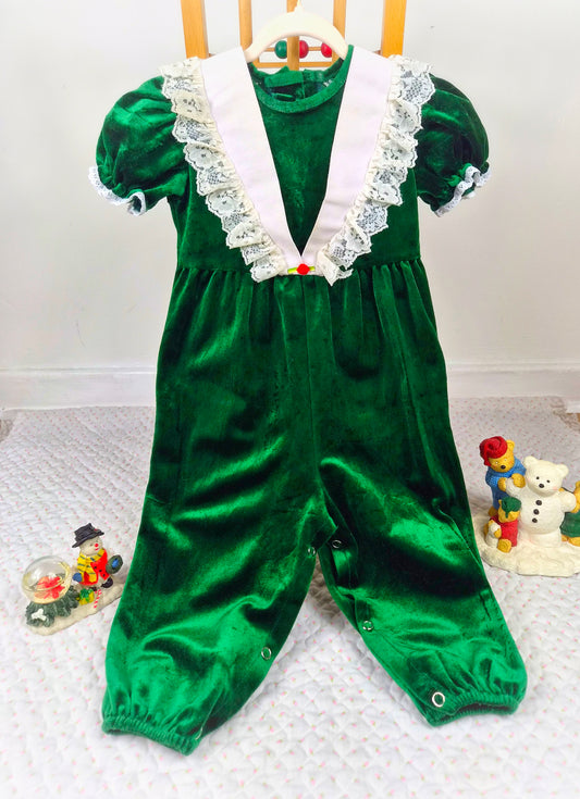 2 years. Green velvet vintage romper with white collar trimmed with lace