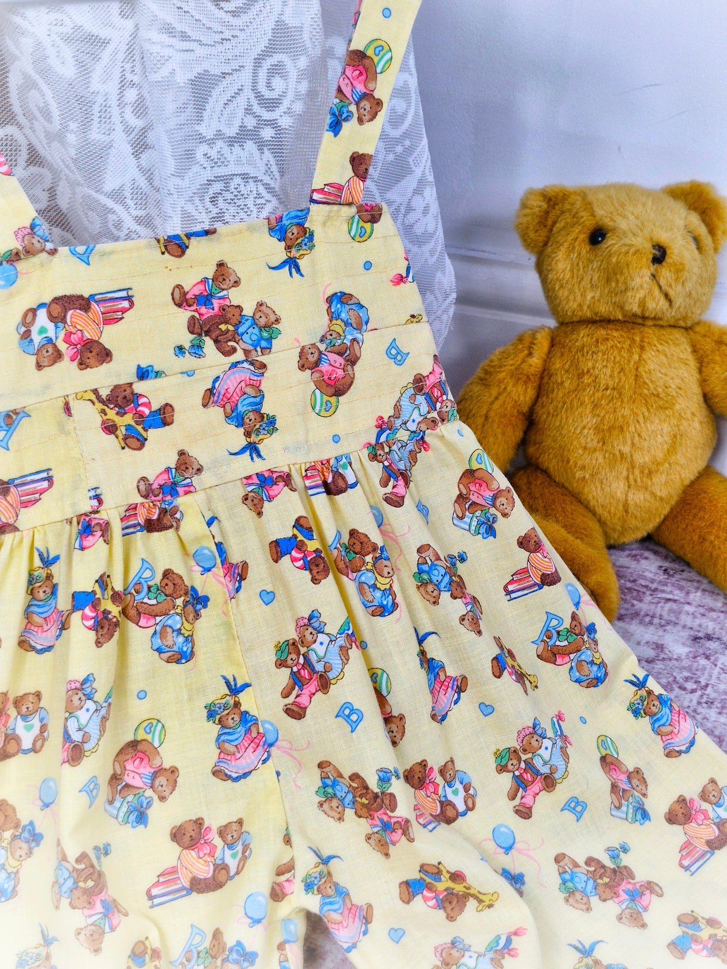 18-24 months. Handmade, wide leg cropped dungarees with party teddies