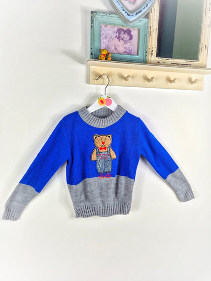 3 years. Blue and grey vintage knit jumper with teddy bear