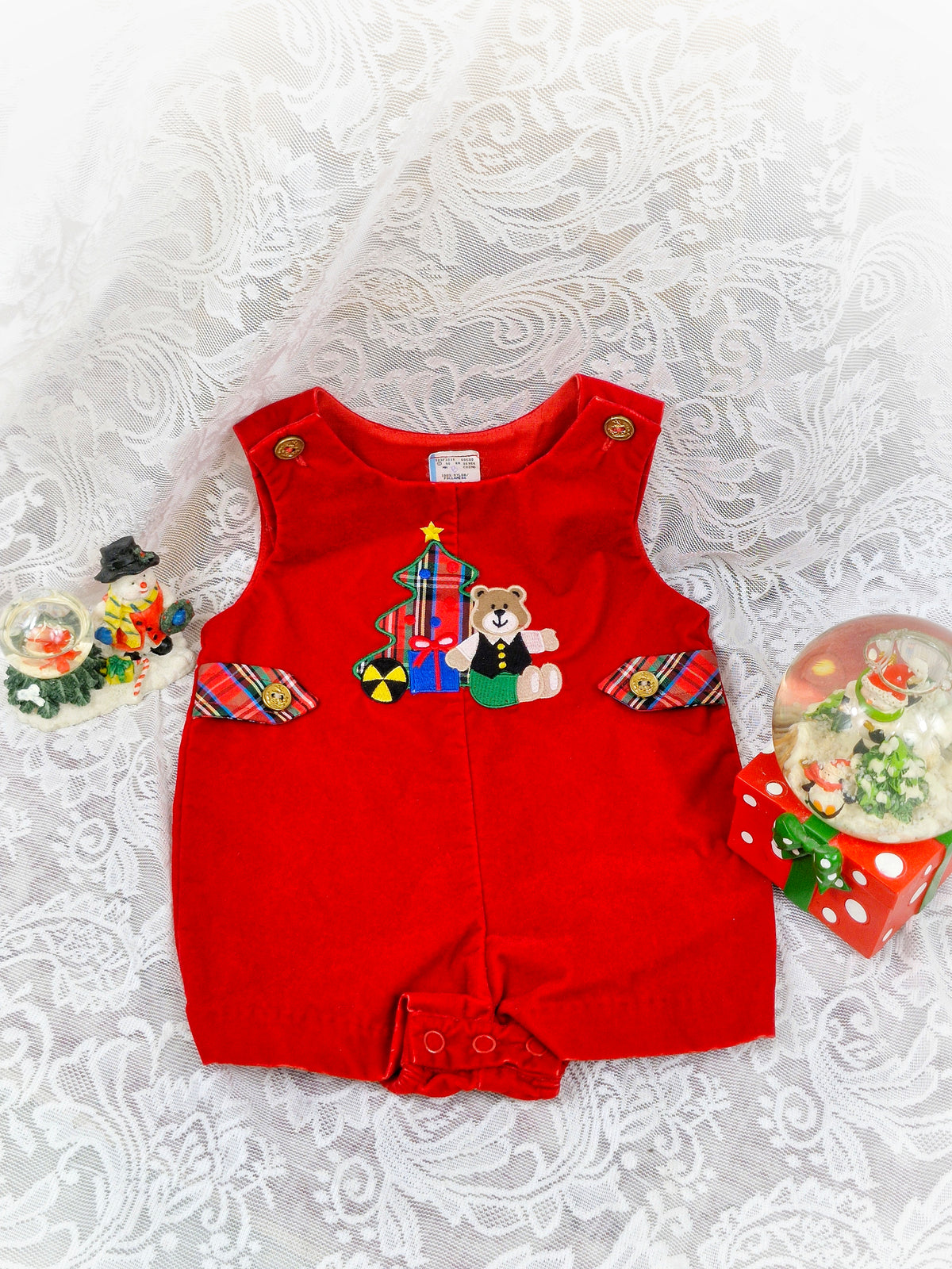 6-9 months. Red soft velvet vintage romper with Christmas bear and tartan finish