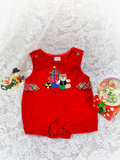6-9 months. Red soft velvet vintage romper with Christmas bear and tartan finish