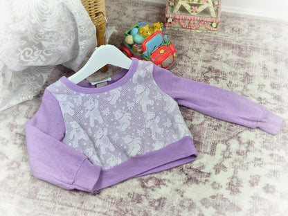 3 years. Lilac vintage cropped sweater with white teddy bear lace