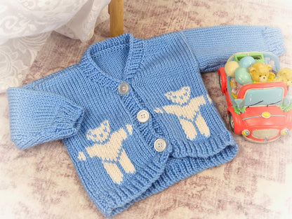 3-6 months. Blue and white knitted cardigan with teddy bears
