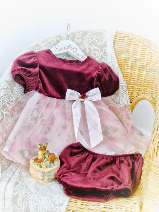 9-12/12-18 months. Two piece set, crimson velour, floral. With bloomers