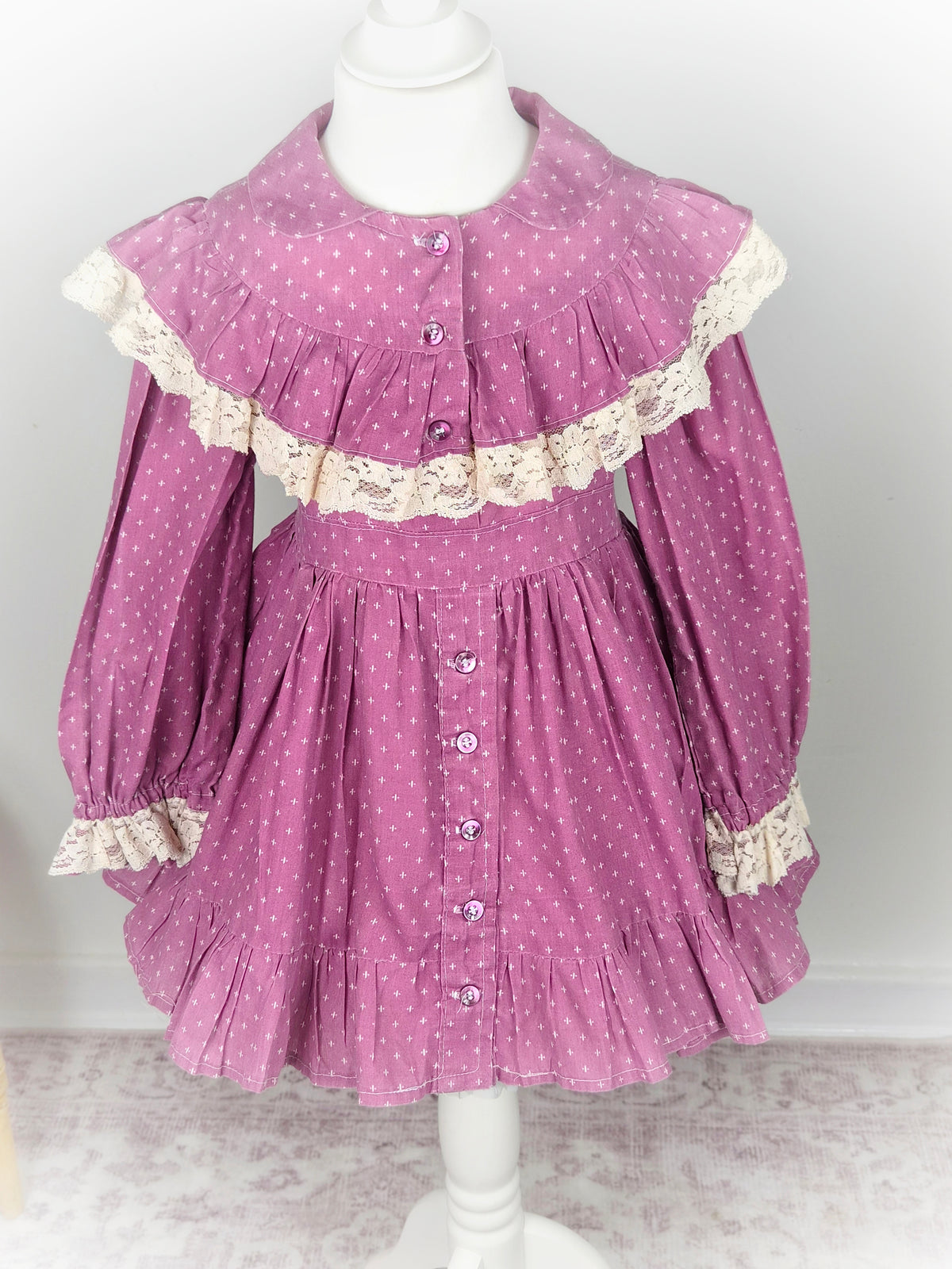 3-4 years. Vintage handmade dress with frills, lace and buttons