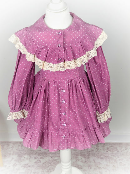 3-4 years. Vintage handmade dress with frills, lace and buttons