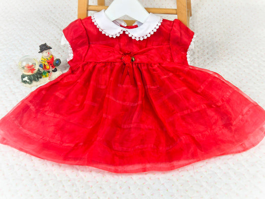 12-18 months. Red taffeta vintage Bryan dress with white collar