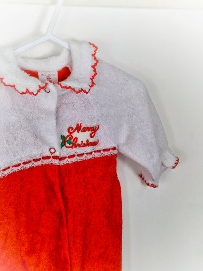 0-3 months. Red and white vintage babygrow with scalloped collar and "Merry Christmas"