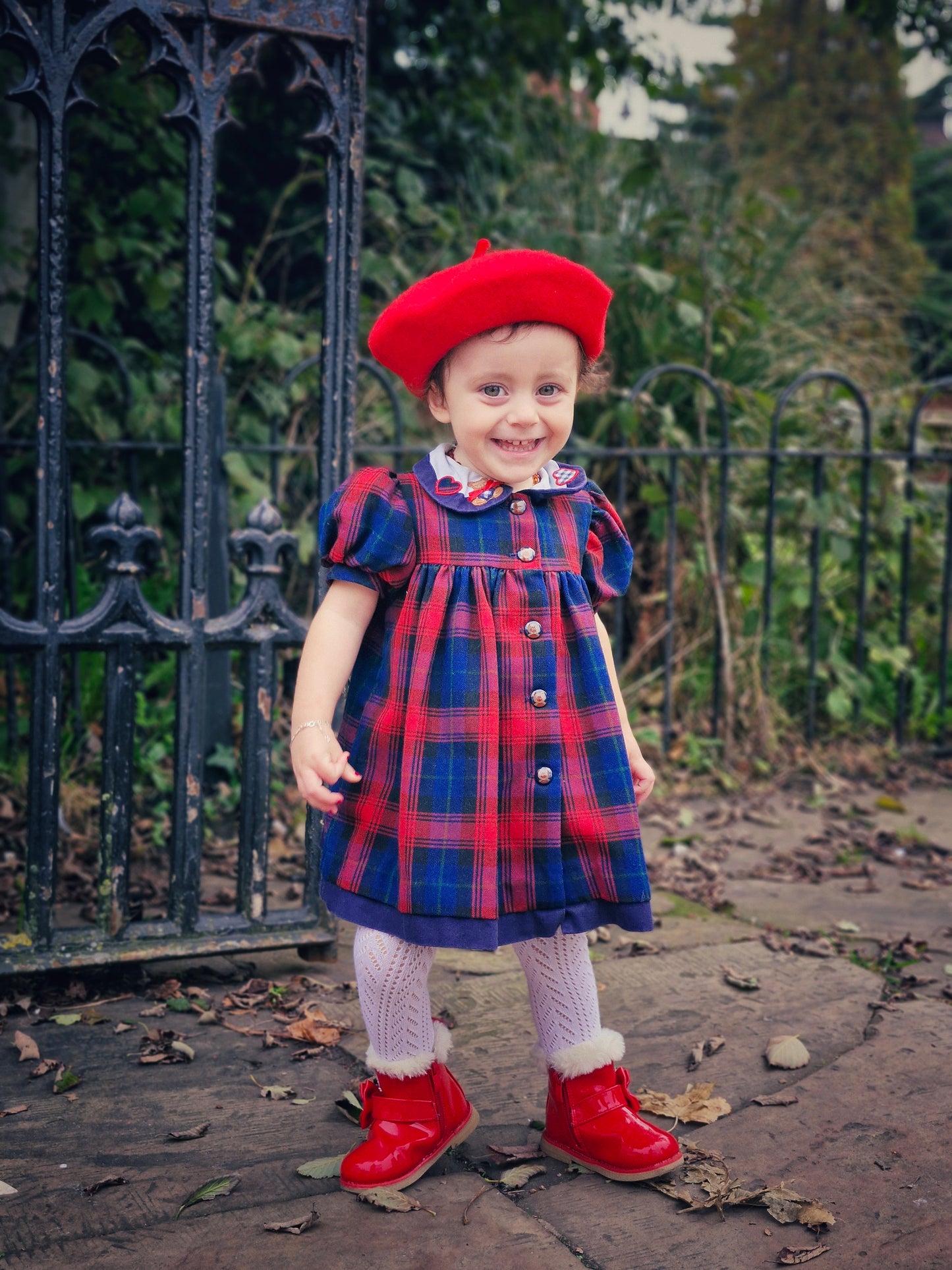 18-24 months. Red and blue checked vintage dress with hearts and teddy bear on collar and teddy buttons