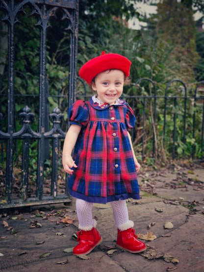 18-24 months. Red and blue checked vintage dress with hearts and teddy bear on collar and teddy buttons