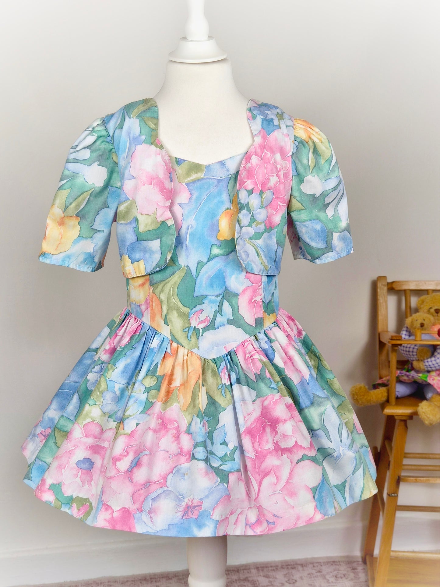 4 years. Floral vintage dress from Eve, too! With faux cardigan