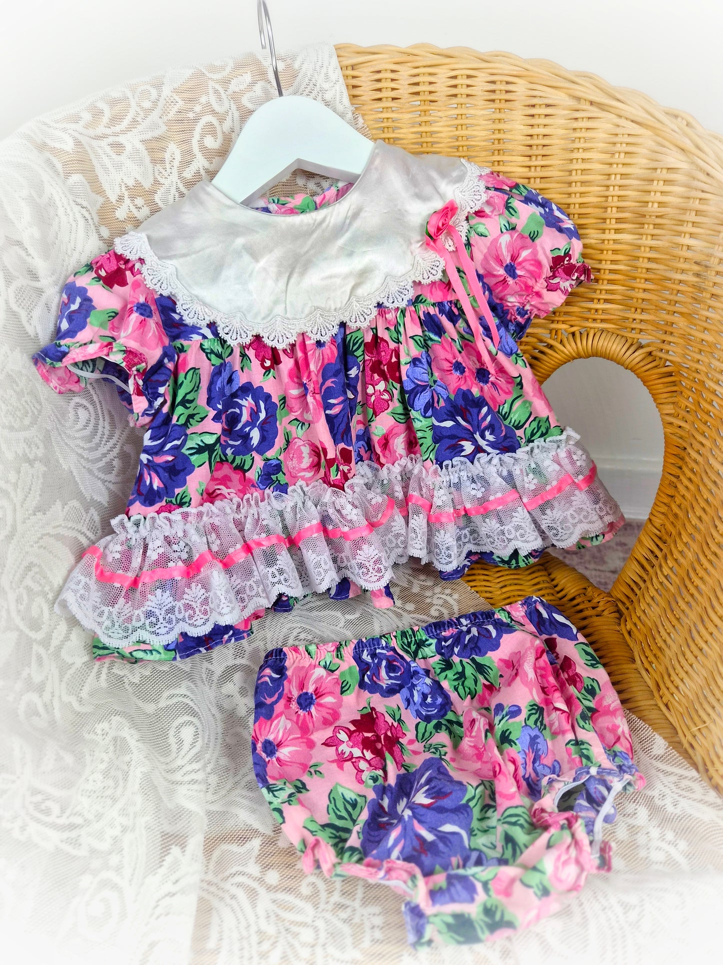 3-6 months. Vintage Allison Ann two-piece set. Floral dress and matching bloomers with white lace and pink ribbon
