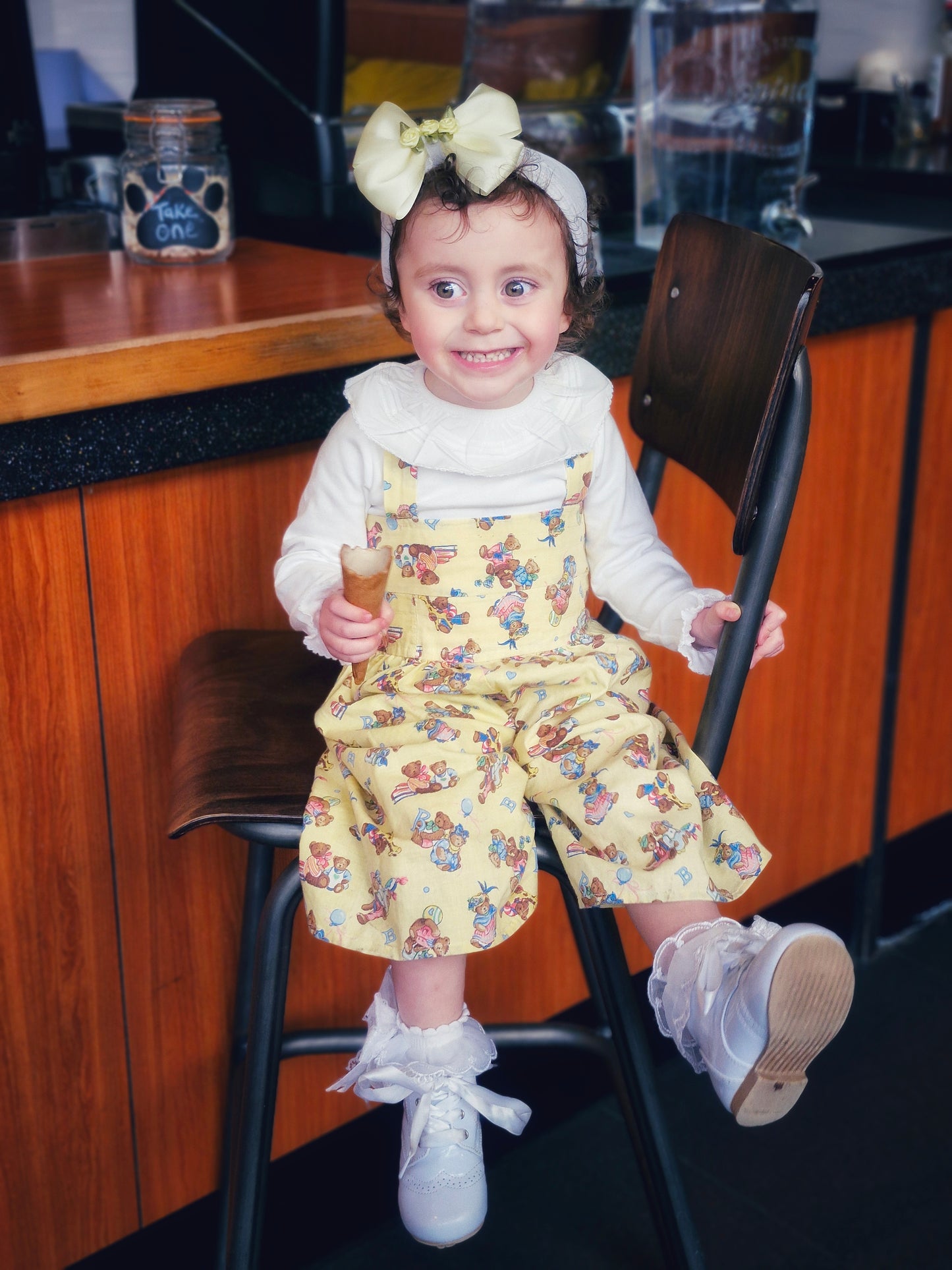 18-24 months. Handmade, wide leg cropped dungarees with party teddies