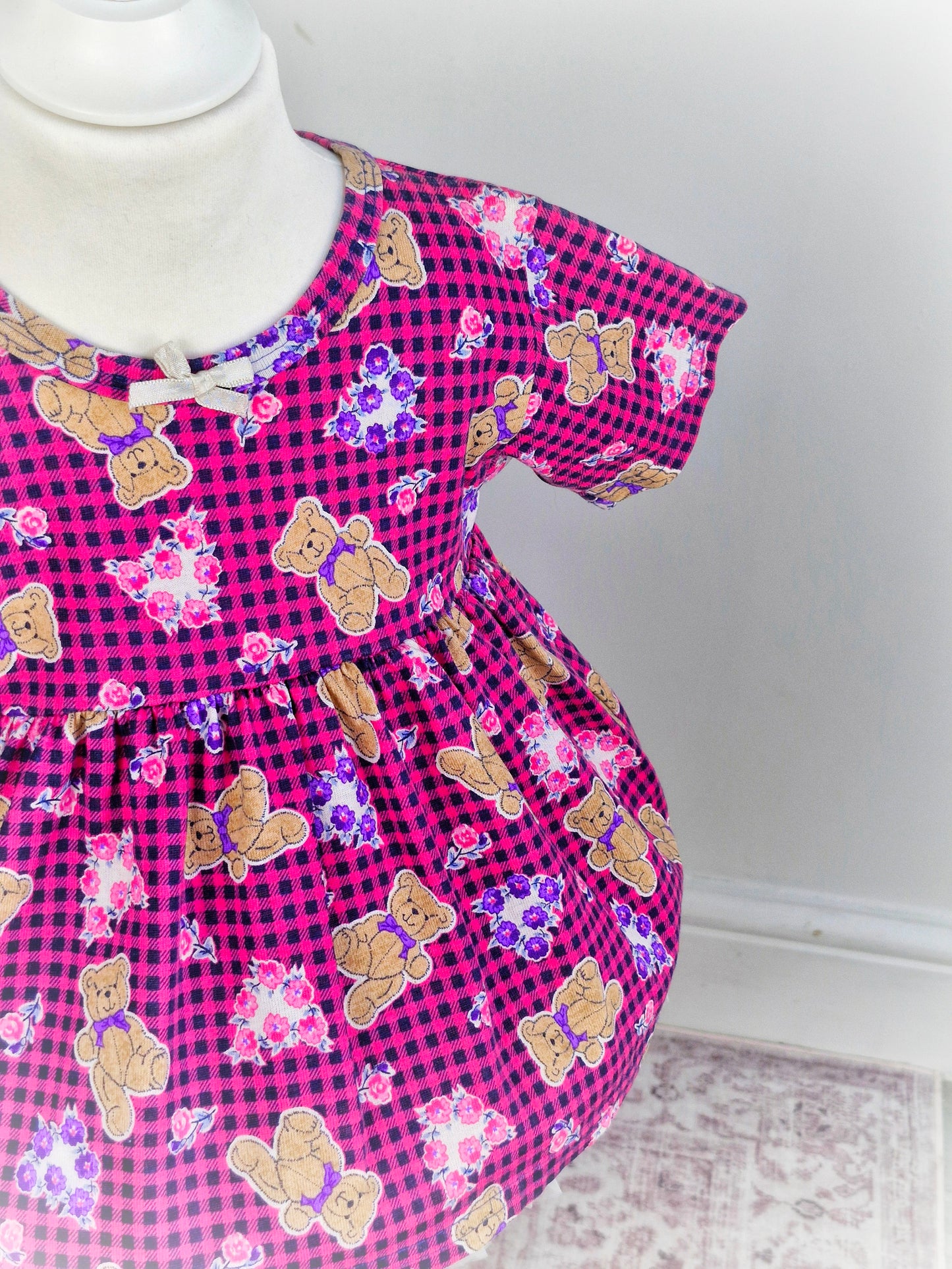 3 years. Hot pink gingham vintage top with teddy bears and flowers print