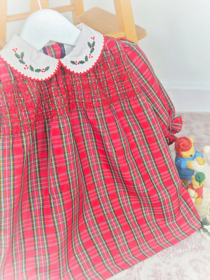 12-18 months. Red tartan vintage smock dress with white Peter Pan collar, embroidered with delicate Holly leaves