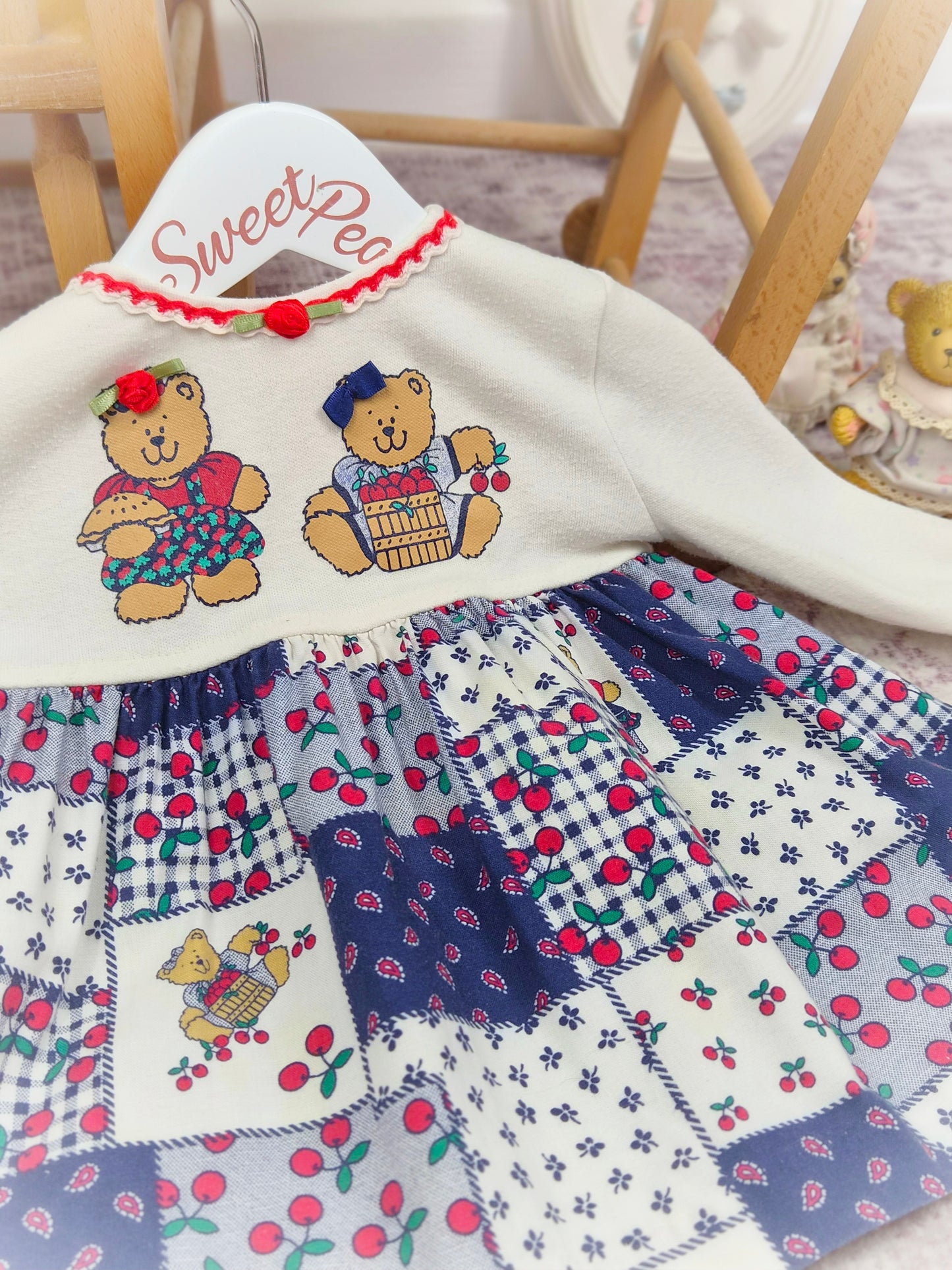 9-12 months. Vintage teddy bear dress with patchwork style skirt