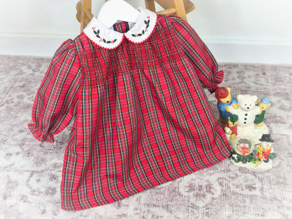 12-18 months. Red tartan vintage smock dress with white Peter Pan collar, embroidered with delicate Holly leaves