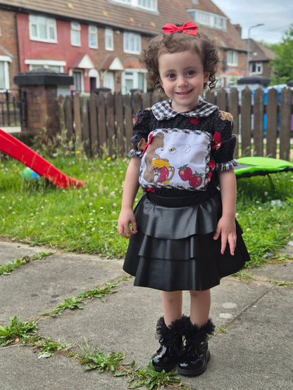 2-3 years. Black vintage top with gingham collar and hem, polka dots, apple print and a teddy bear patch