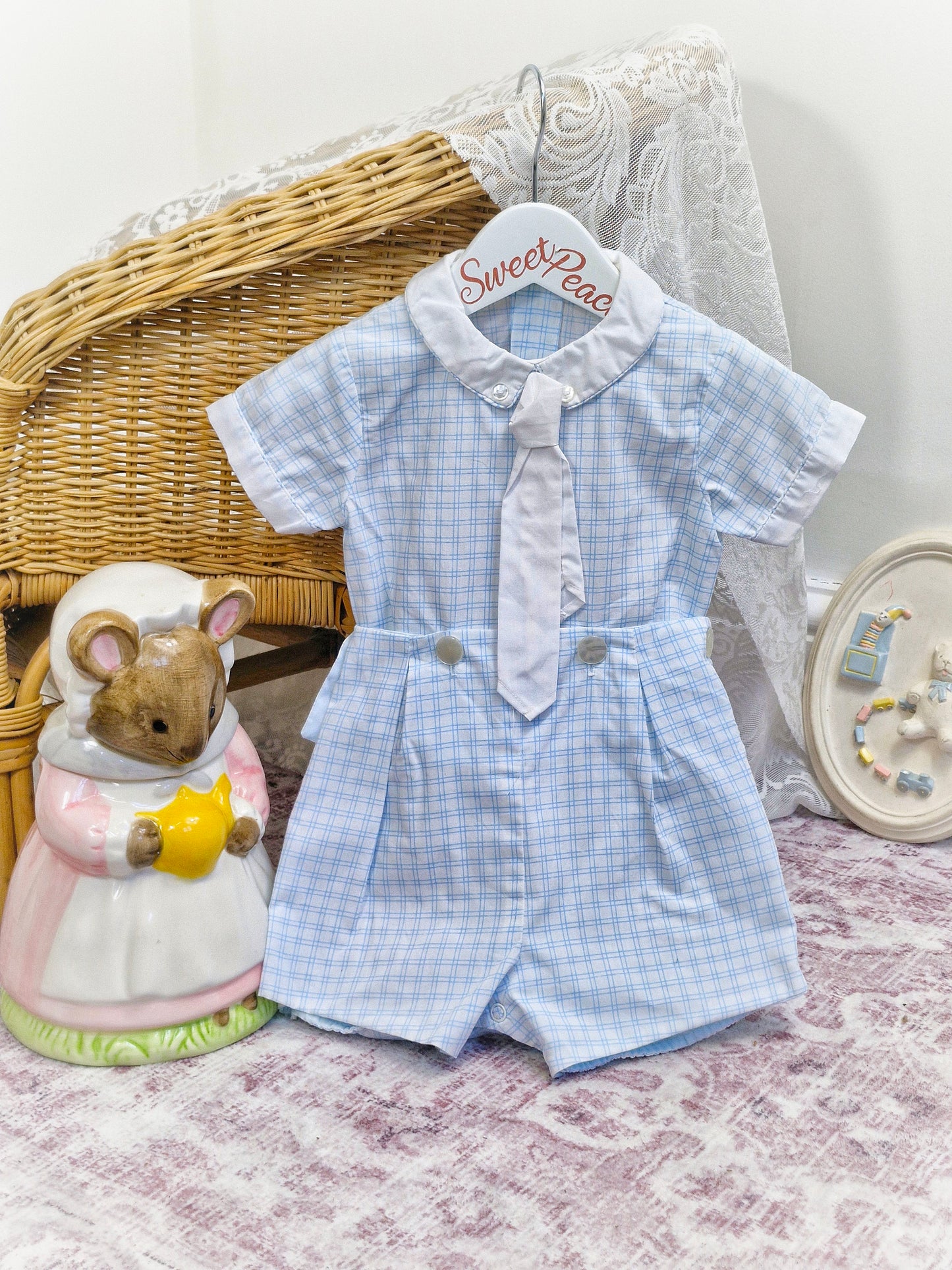 Best fit 12-18 months. Two piece shirt and shorts set. Blue and white checkered