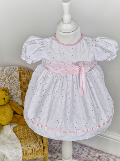 18 months. White broderie anglais  dress with pink ribbon