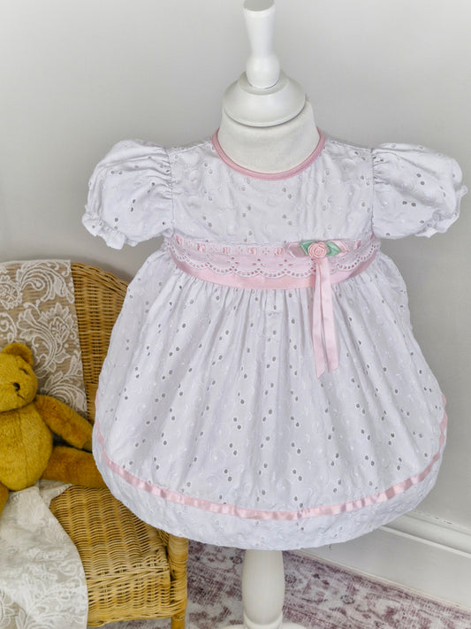18 months. White broderie anglais  dress with pink ribbon