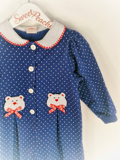 2 years. Navy vintage Buster Brown romper with white polka dots, collar and bears with red details