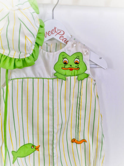 9 months. Romper and hat set, lemon and green with frog and fish details