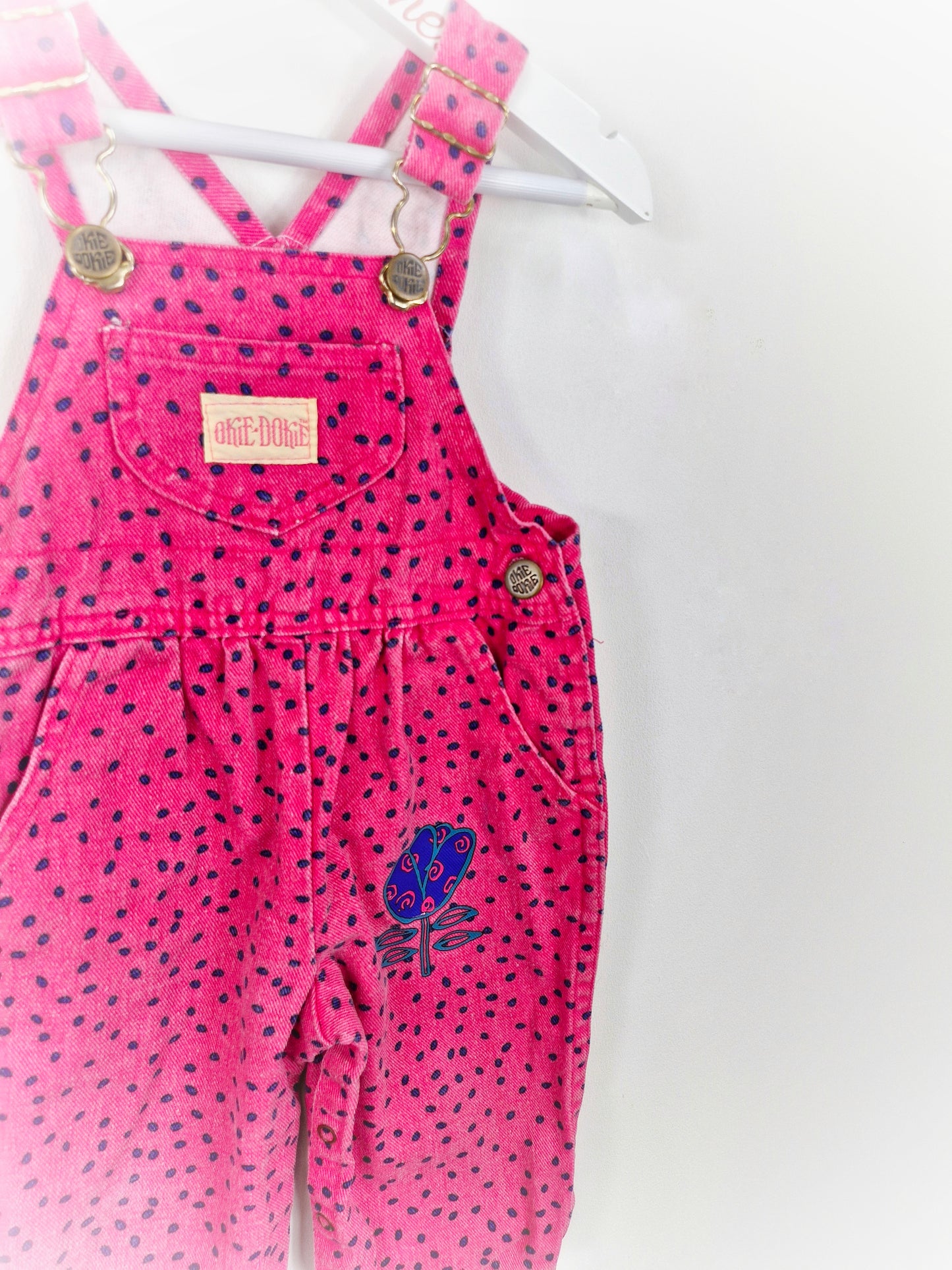 18 months. Pink Okie Dokie dungarees with polka dots and floral print