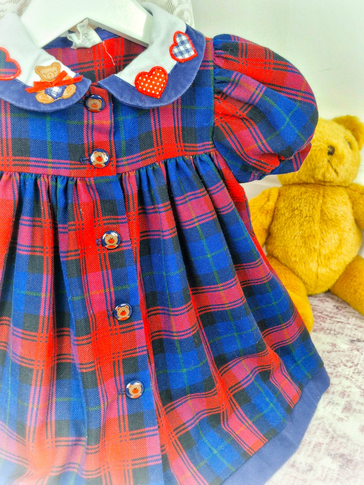 18-24 months. Red and blue checked vintage dress with hearts and teddy bear on collar and teddy buttons