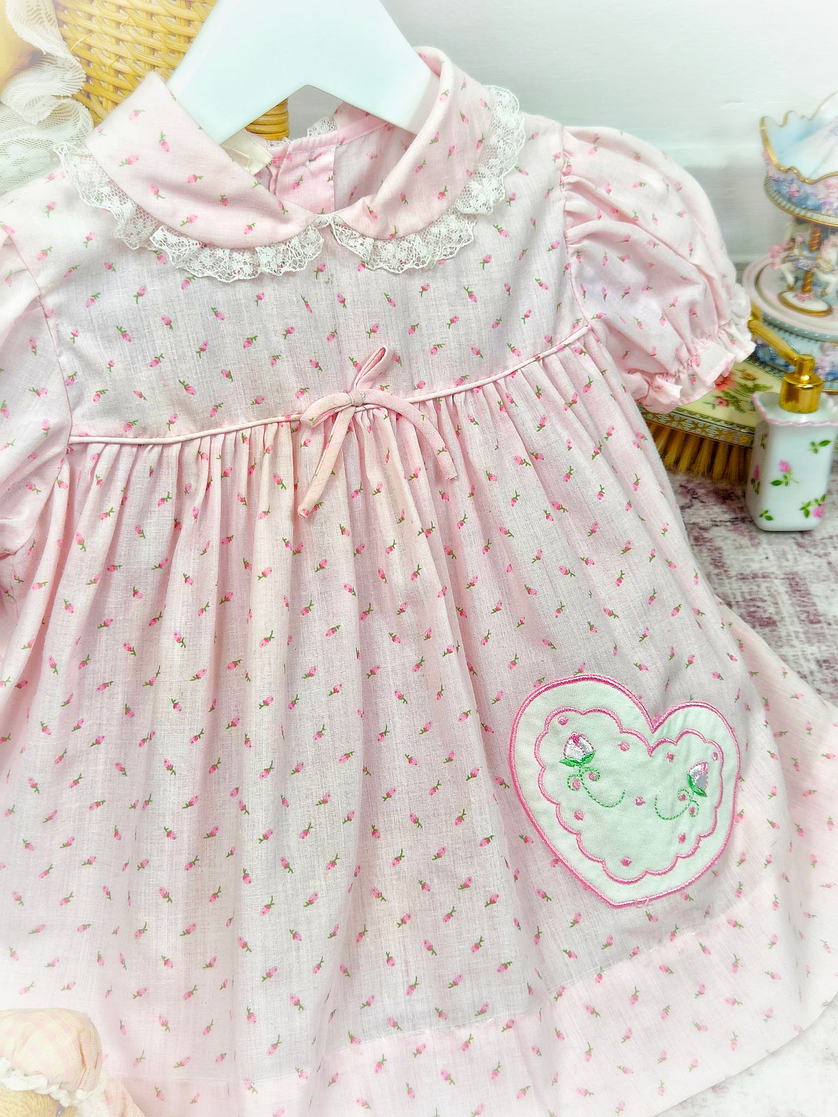 12 months. Pink vintage dress with tiny flowers and heart applique