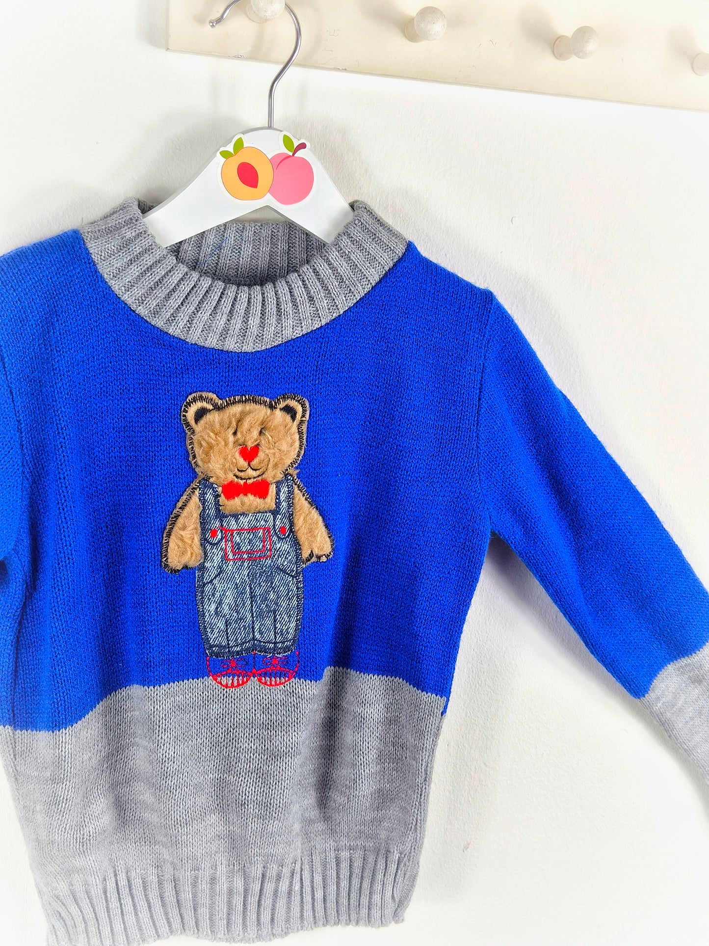 3 years. Blue and grey vintage knit jumper with teddy bear